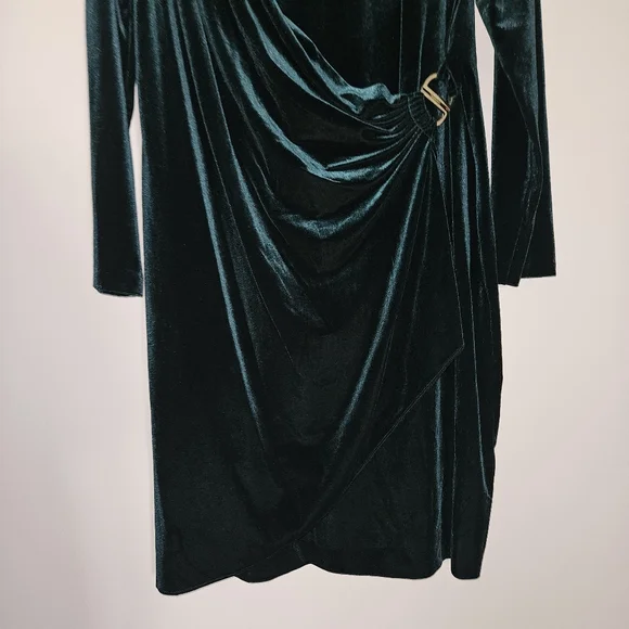 NWOT DKNY Long Sleeve Ruched Bodice Faux Wrap Velvet Midi Dress:Hunter Green: 16 - Picture 6 of 13